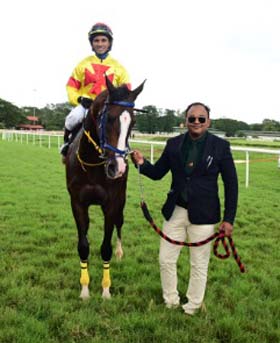 D Roman Power (Shamaz Shareef up), winner of the REPUBLICAN PLATE being led in trainer Bipin Salvi on Wednesday races at Mysore.